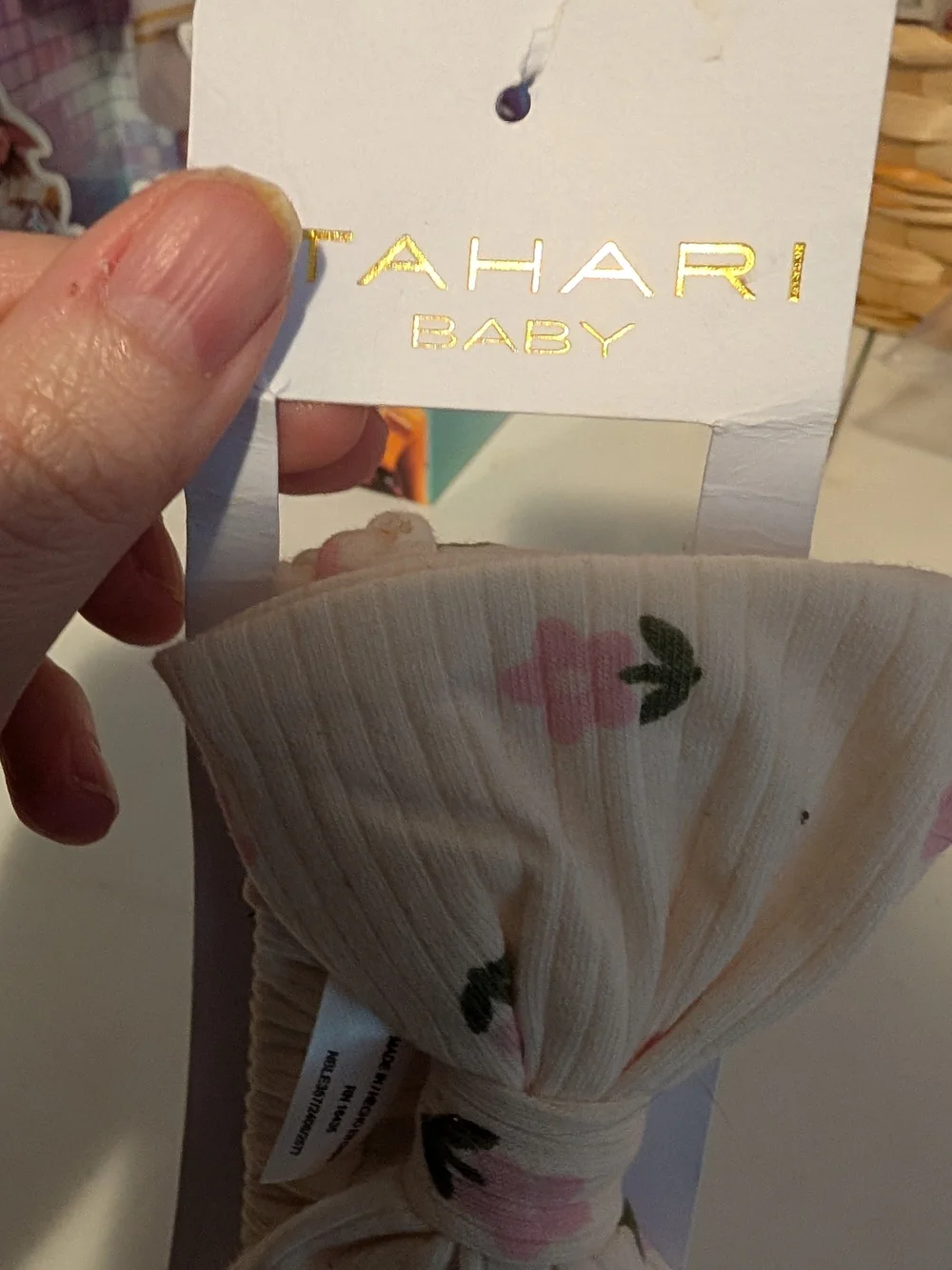 Tahari Baby Cream Ribbed Bow Headband with Pink Floral Print
